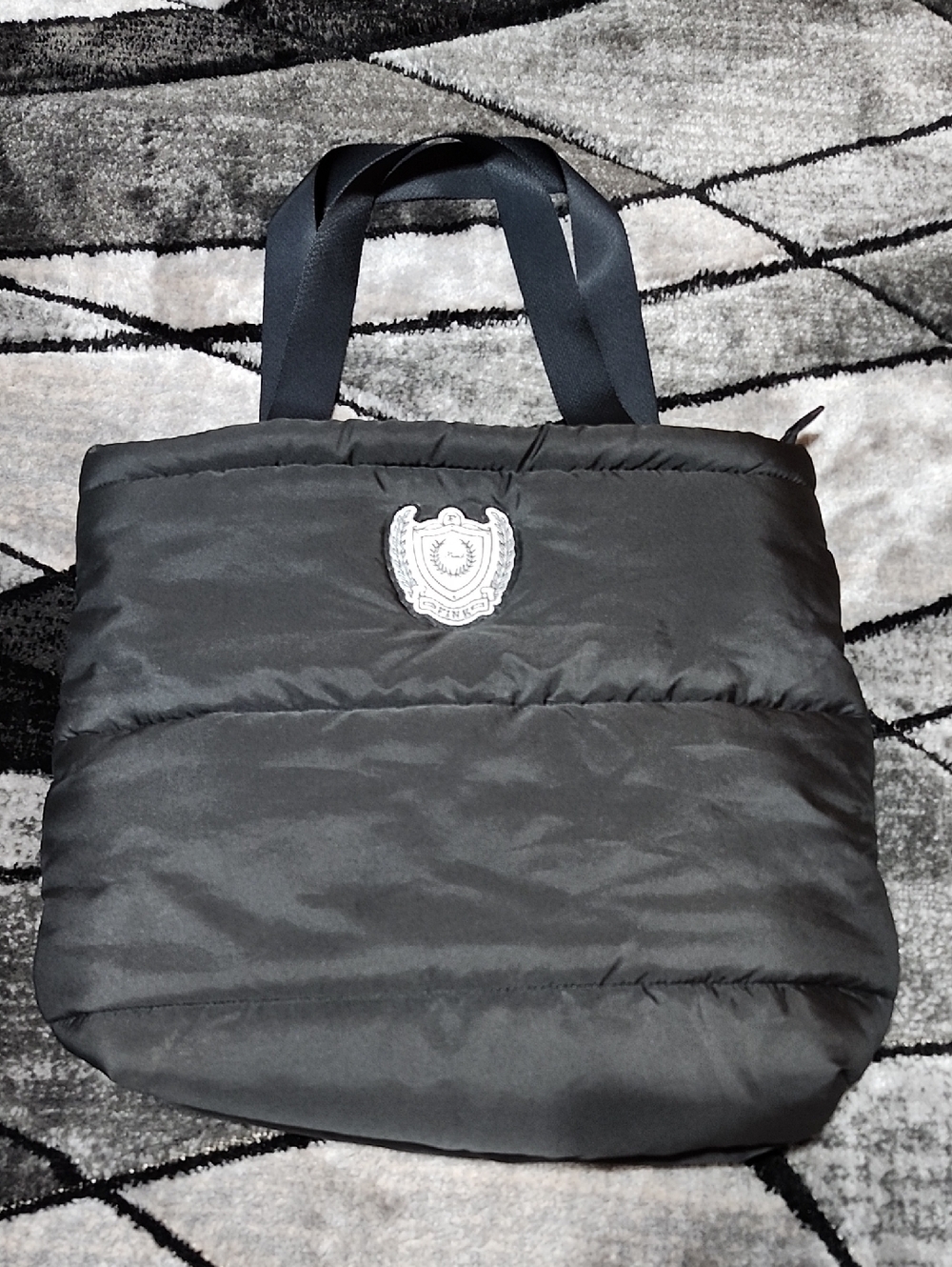 VS PINK 2023 EMBROIDERED BLACK QUILTED PUFFER FULL-ZIP TOTE BAG